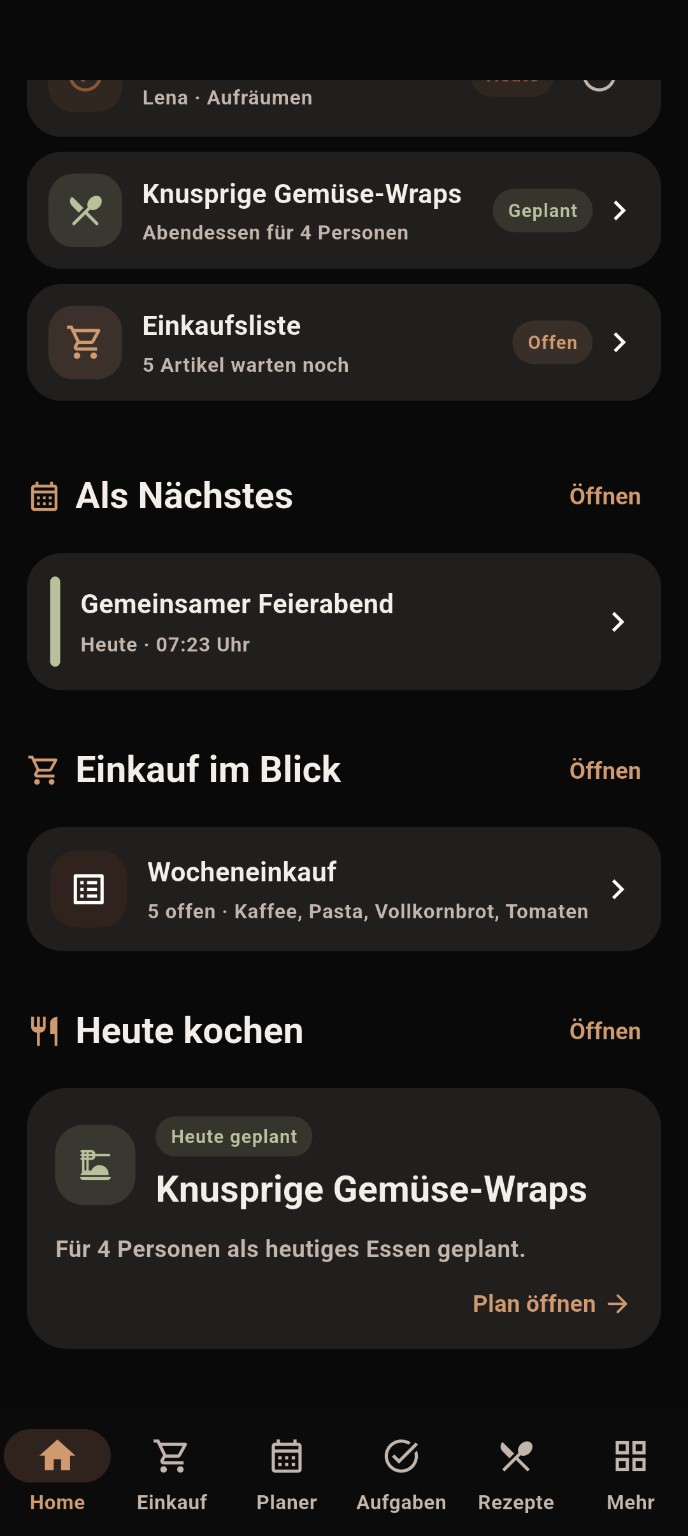 PROTZY Home mit nächstem Termin, Einkauf und heutiger Mahlzeit