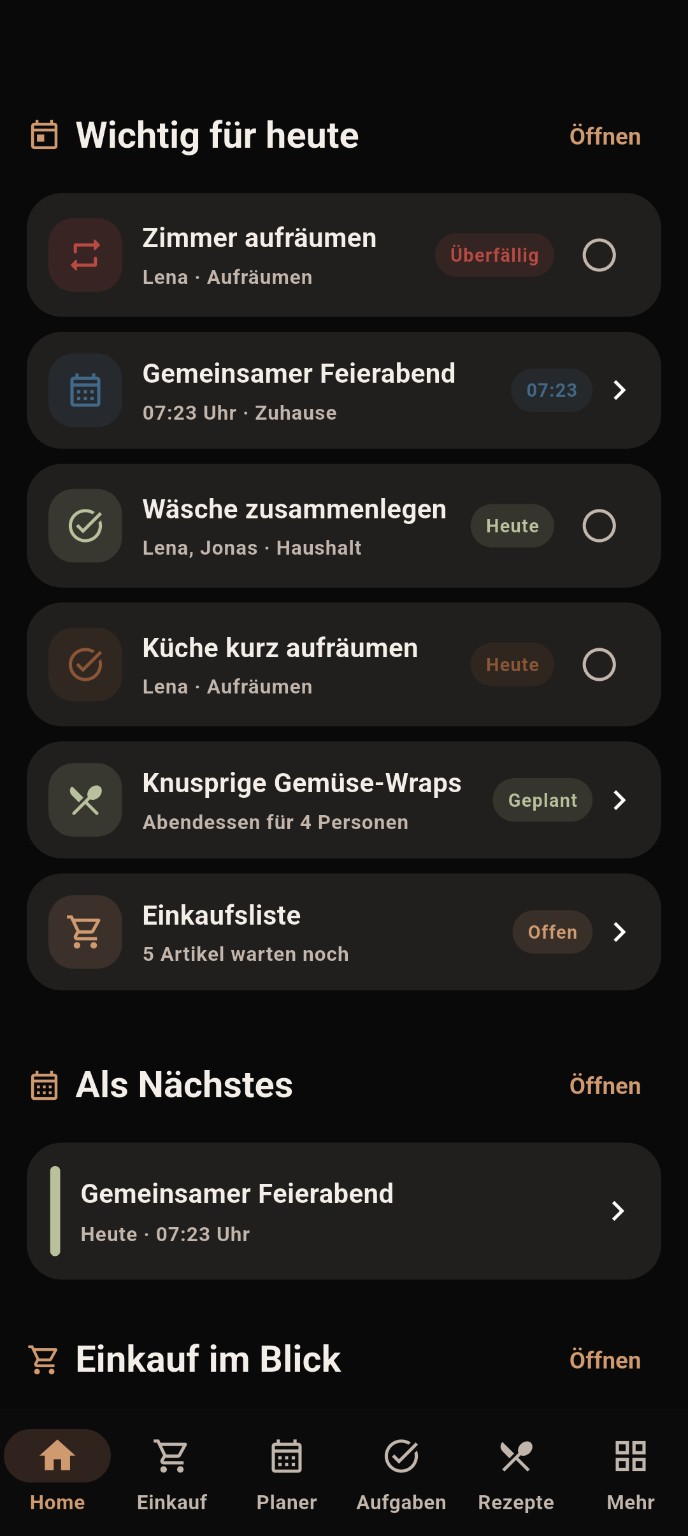 PROTZY Home mit wichtigen Aufgaben, Termin und Einkauf