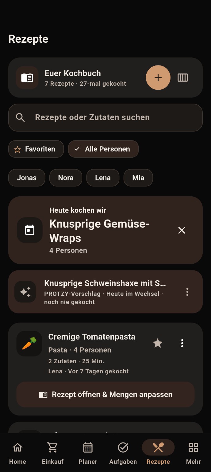 PROTZY Kochbuch mit Speiseplan, Filtern und Rezepten