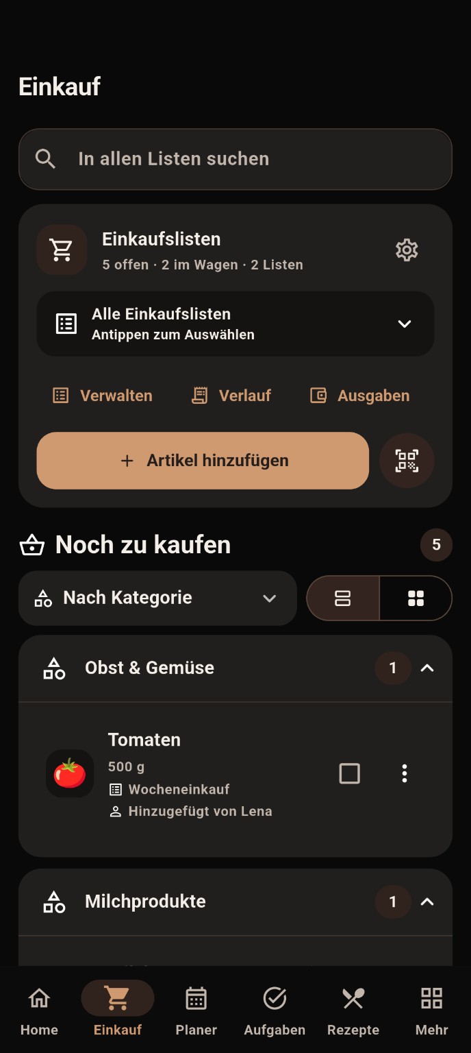 PROTZY Einkauf mit mehreren Listen und Kategorien